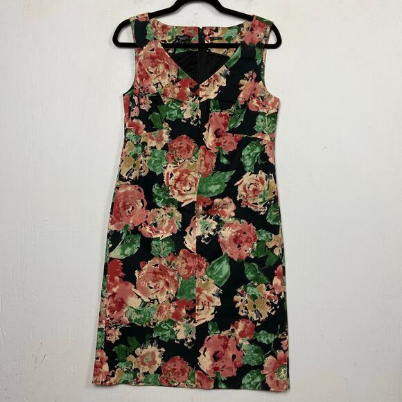 Talbots Women's Black Pink Cotton Stretch Sleeveless V-neck Sheath Dress Size 6 - Picture 2 of 11